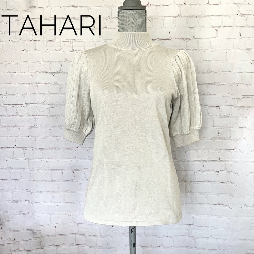 TAHARI Grey Lightweight Puffed Short Sleeve Turtleneck Sweater